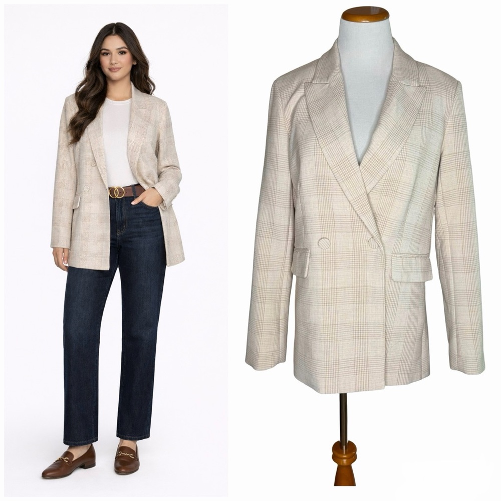 House Of Harlow 1960 Plaid Blazer Size Medium Beige Double Breasted Preppy